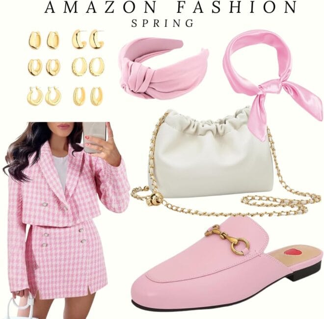 Chic Spring Outfits: Tweed Blazer, Crossbody Bag, Scarf, and Mules
